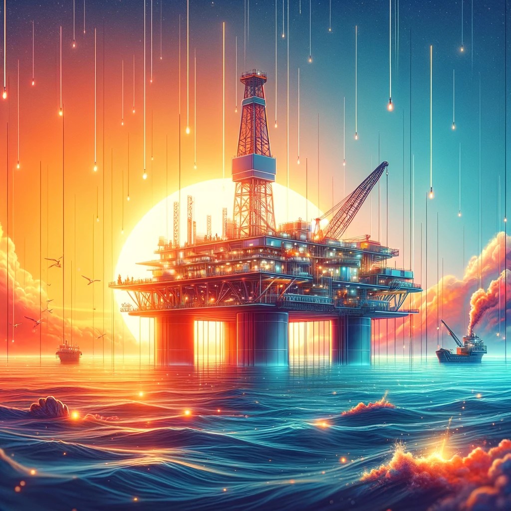 DALL·E 2024-05-14 21.19.20 - A digital illustration of an oil rig in the ocean during sunset. The scene shows the rig actively drilling with workers and equipment visible. The bac