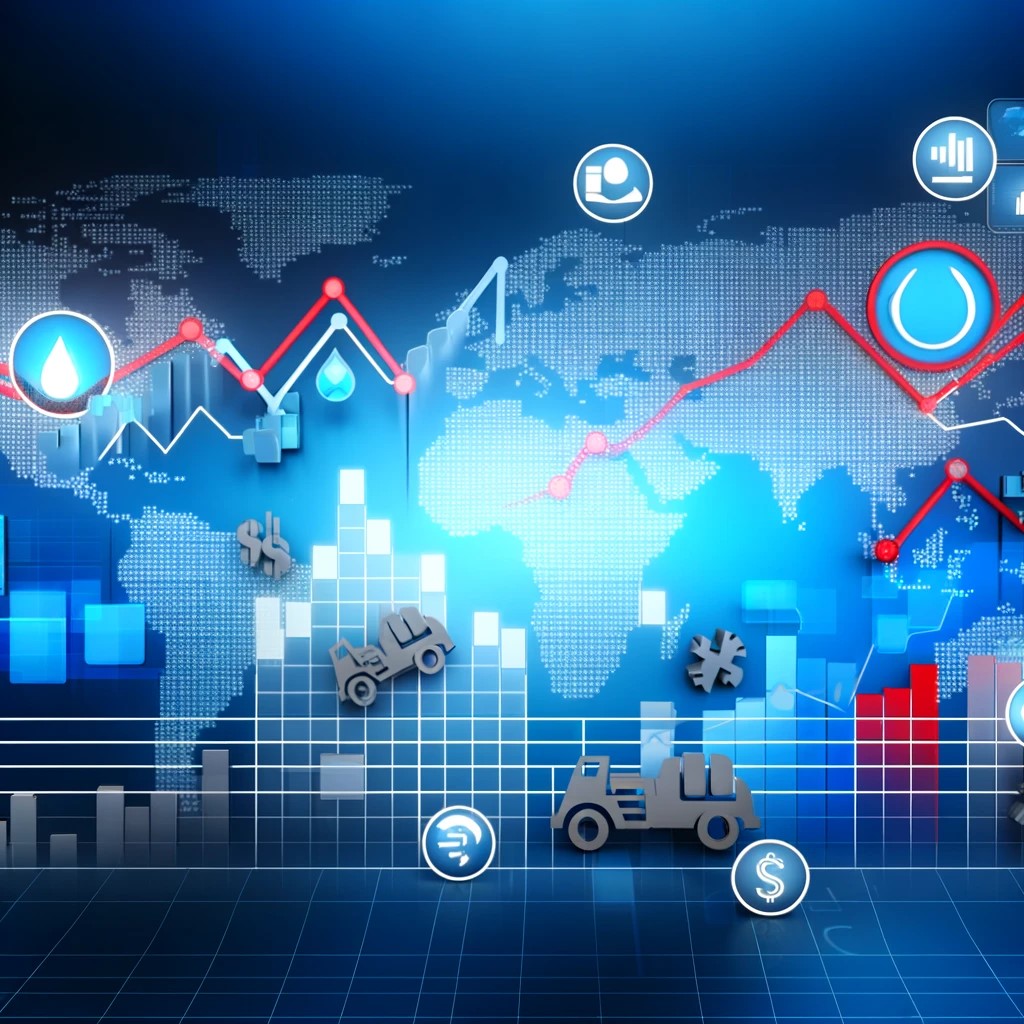 DALL·E 2024-05-14 21.19.21 - A conceptual illustration showing the impact of oil prices on global economics. The image includes a world map with fluctuating oil prices represented