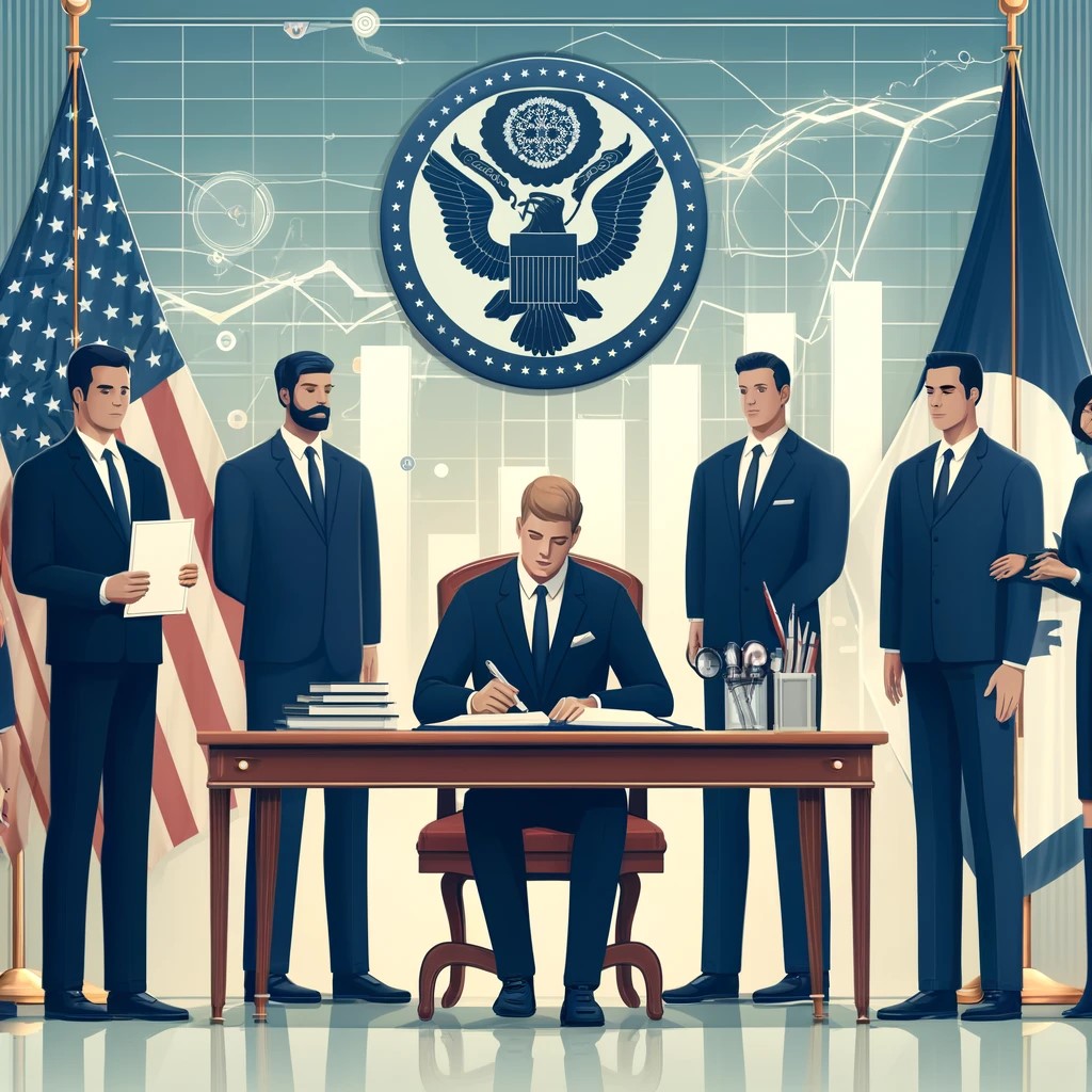 DALL·E 2024-05-14 23.39.44 - An illustration of a government official signing new legislation at a desk, with industry representatives standing behind. The setting is formal, with