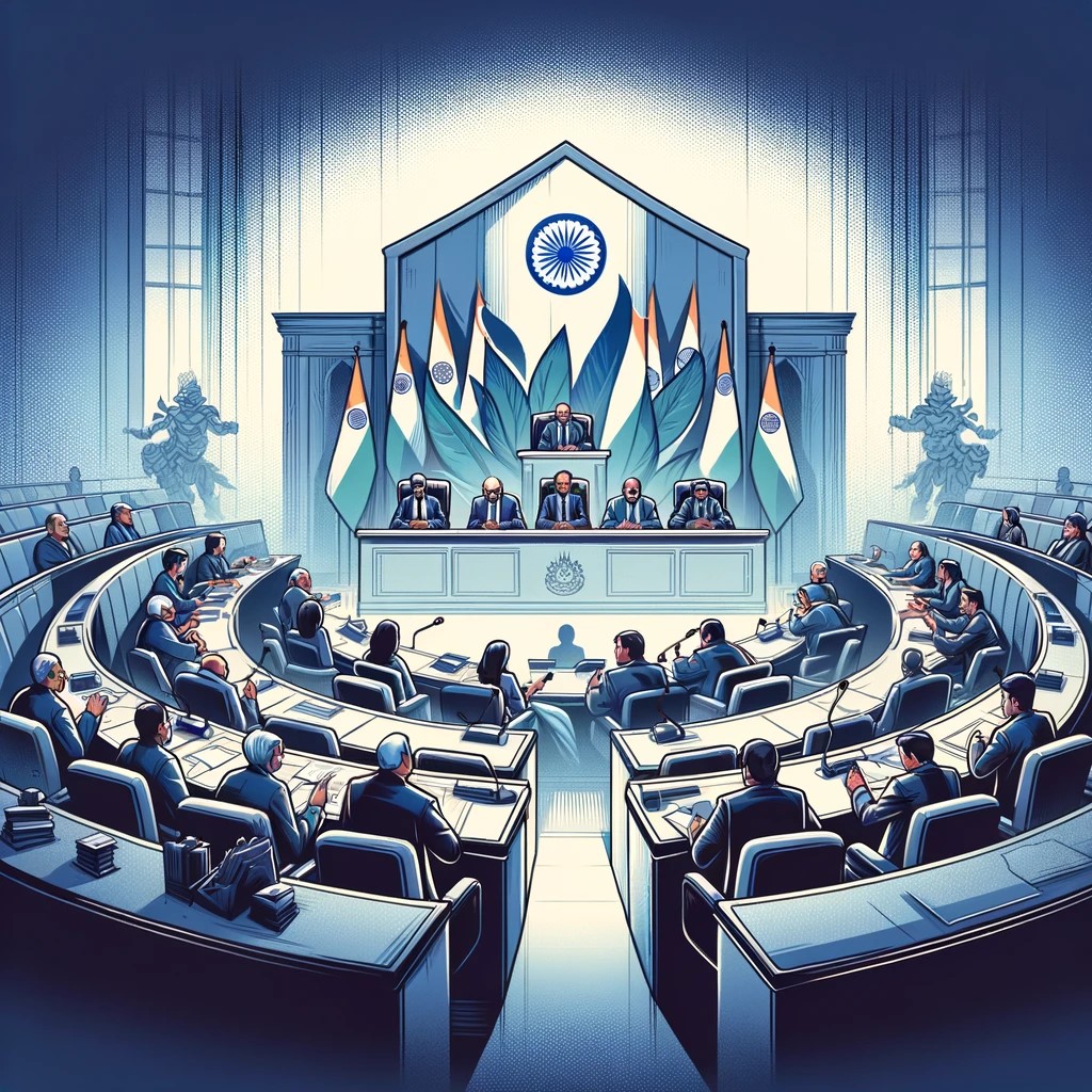 DALL·E 2024-05-14 23.39.45 - An illustration depicting political stability, showing a peaceful parliamentary session. The scene includes government officials in a calm discussion,