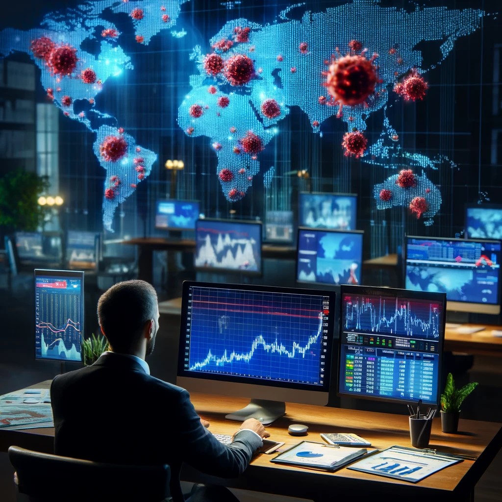 DALL·E 2024-05-15 12.48.13 - A financial analyst studying multiple screens displaying significant stock market drops due to a pandemic. The screens show graphs with sharp declines