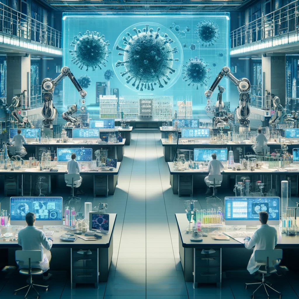 DALL·E 2024-05-15 12.48.15 - A modernized pharmaceutical research lab bustling with scientists developing vaccines and treatments in response to a pandemic. The lab is equipped wi