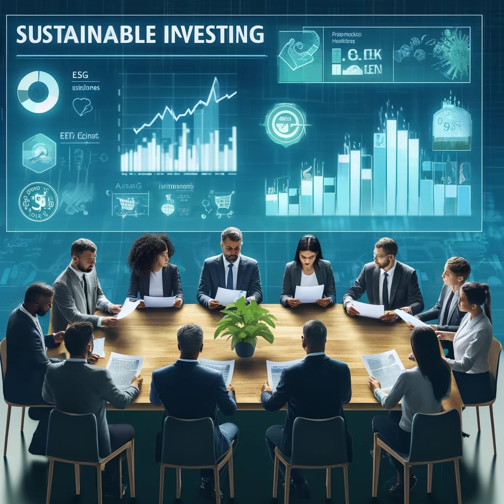 DALL·E 2024-05-14 22.51.46 - A digital illustration of a diverse group of investors discussing sustainable investing around a table, reviewing documents and charts related to ESG 