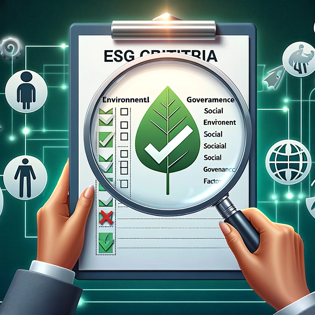 DALL·E 2024-05-14 22.51.48 - A digital illustration showing a magnifying glass hovering over a checklist of ESG criteria, with categories like environmental, social, and governanc