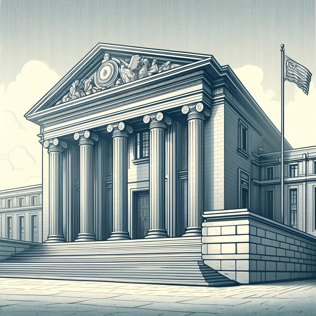 DALL·E 2024-05-14 19.55.39 - A detailed digital illustration of a central bank building, symbolizing authority and economic control. The building should have a classical design wi