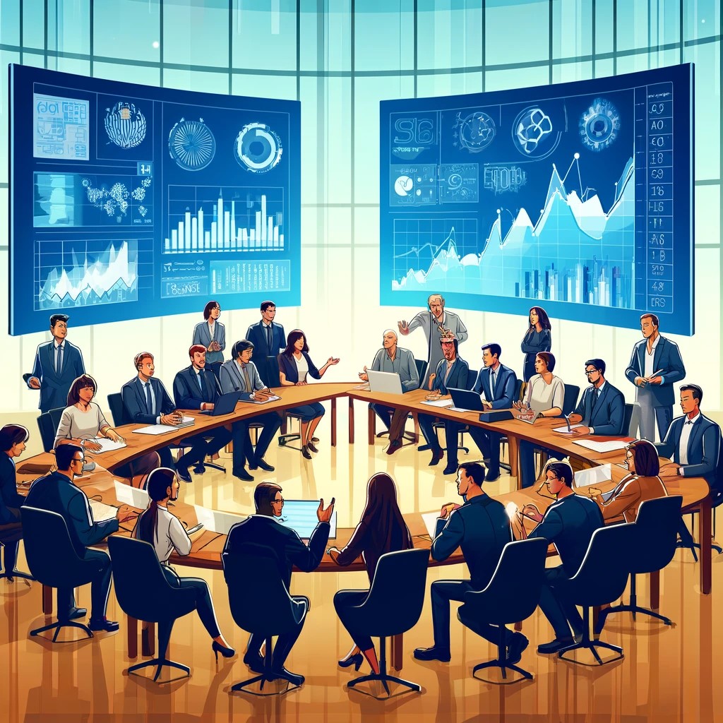 DALL·E 2024-05-14 19.55.41 - An illustration of a diverse group of people, including businessmen, investors, and government officials, engaged in a discussion in a conference room