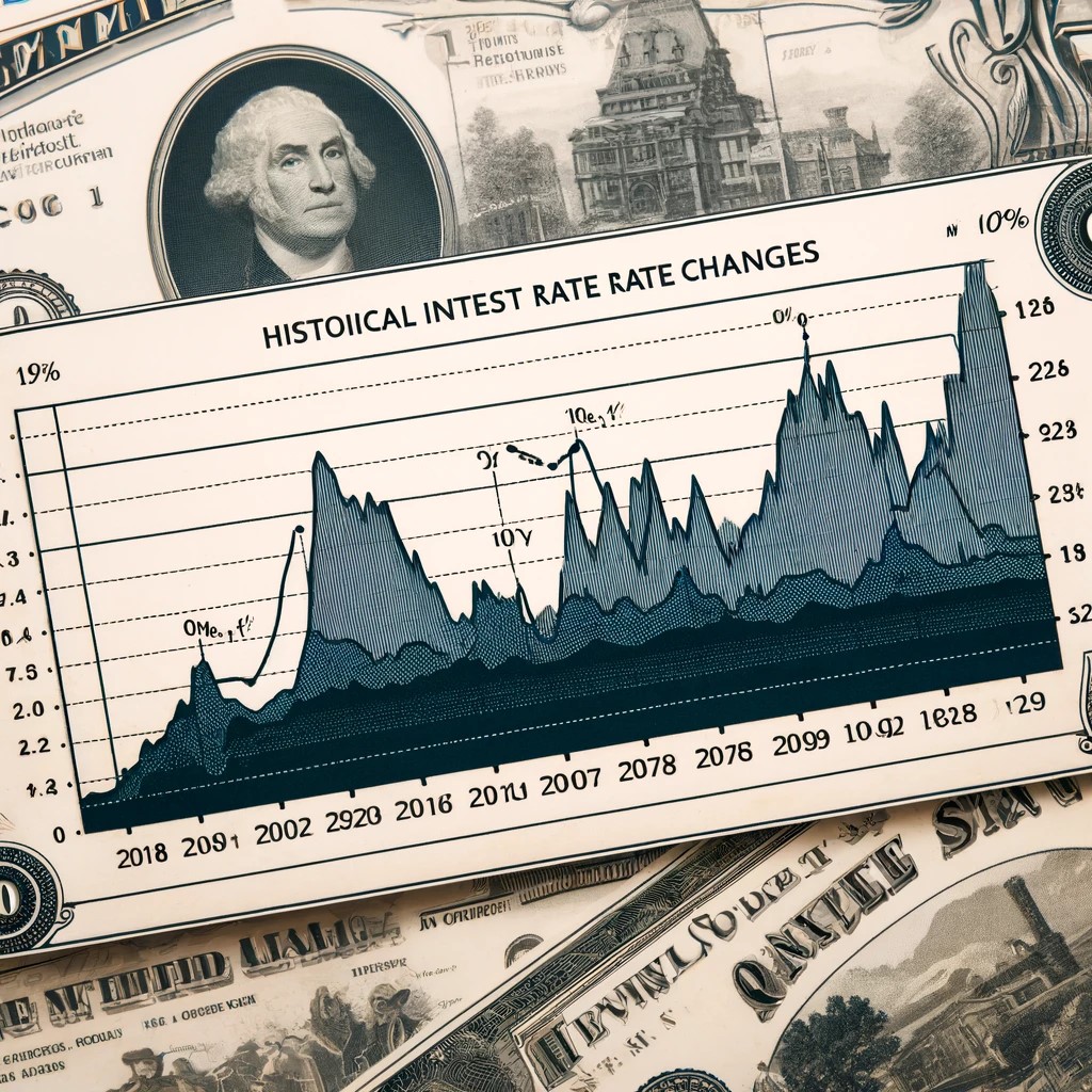 DALL·E 2024-06-04 13.00.37 - A graph showing historical interest rate changes over the past decade, with notable peaks and troughs marked. The graph should have a clean, professio