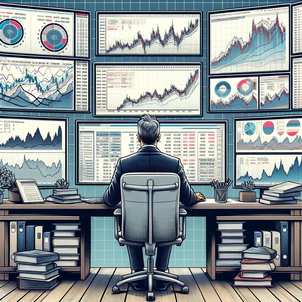 DALL·E 2024-06-05 12.54.31 - A detailed illustration of a financial analyst's workspace with multiple screens displaying bond market trends and interest rate graphs. The environme