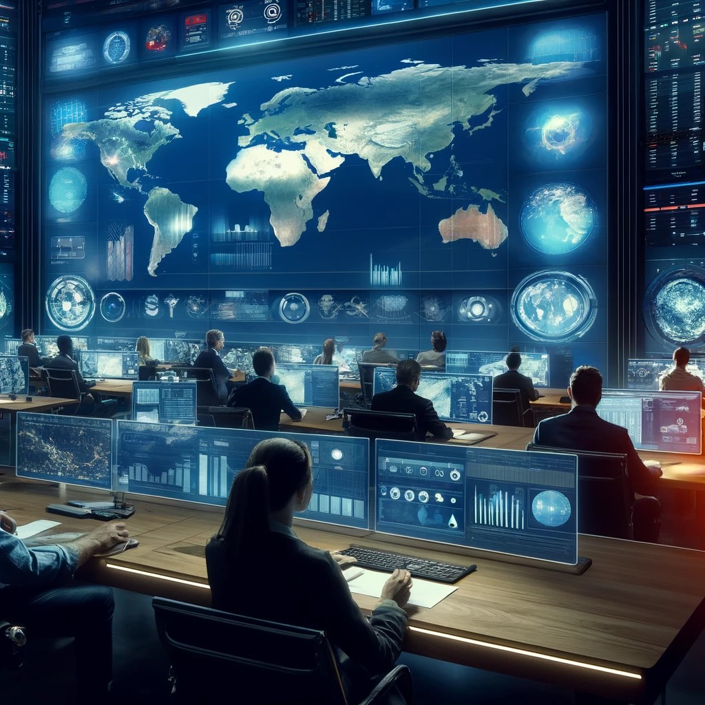 DALL·E 2024-06-04 13.24.47 - A high-tech situation room with analysts monitoring political events across the globe on multiple screens. The room is filled with advanced equipment,