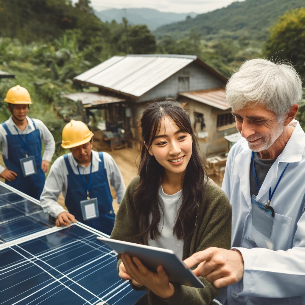 DALL·E 2024-06-06 20.19.59 - A green energy project in a rural community funded by social impact investments, showcasing a new solar power installation. The image includes communi