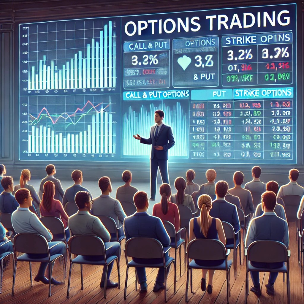 DALL·E 2024-07-09 22.29.01 - A financial seminar on options trading, showing a diverse group of people seated in a lecture hall. A financial expert is presenting with a large scre