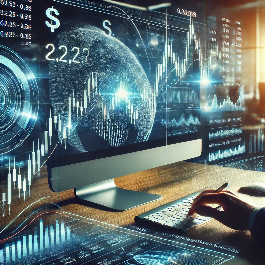 DALL·E 2024-07-07 22.55.36 - A modern digital display of Forex trading with a focus on a large screen showing currency pairs and their fluctuating values. The scene includes a tra