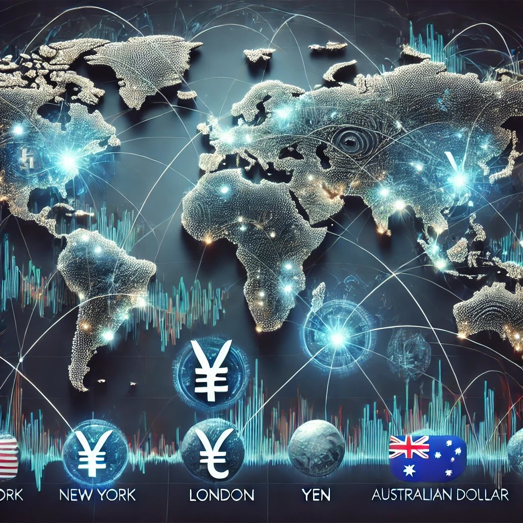 DALL·E 2024-07-07 22.55.38 - A global map with lines connecting major financial centers like New York, London, Tokyo, and Sydney, symbolizing the interconnectedness of the Forex m