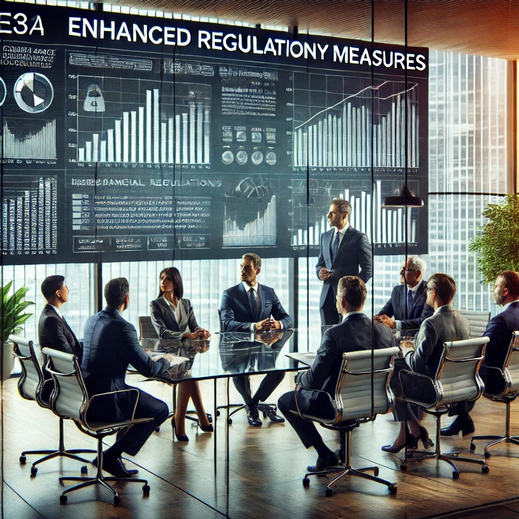 DALL·E 2024-07-27 10.56.13 - A group of financial regulators in a modern office discussing enhanced regulatory measures. The setting includes a large screen displaying compliance 