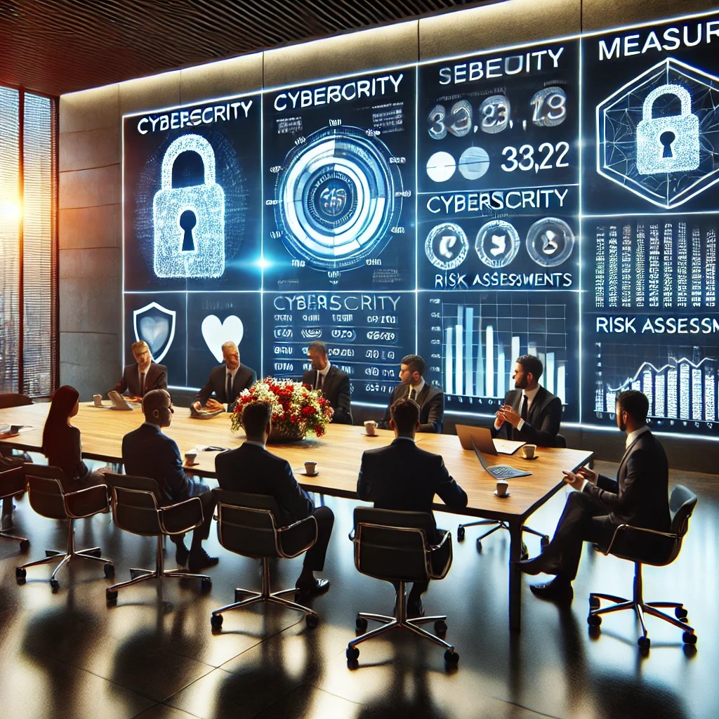 DALL·E 2024-07-27 10.56.15 - A modern conference room with financial professionals discussing cybersecurity measures. The setting includes a large screen displaying cybersecurity 