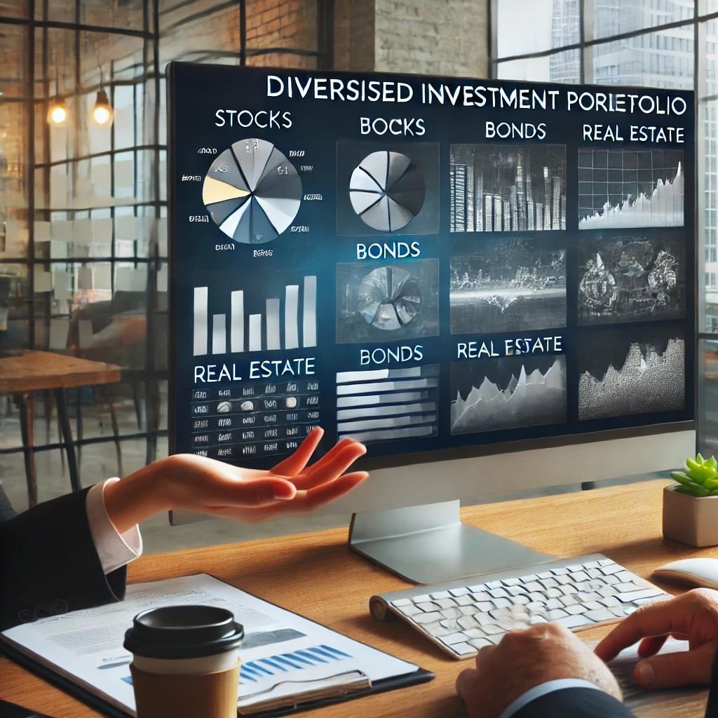 DALL·E 2024-07-27 11.01.54 - A financial advisor in a modern office discussing a diversified investment portfolio with a client. The screen displays various asset classes such as 