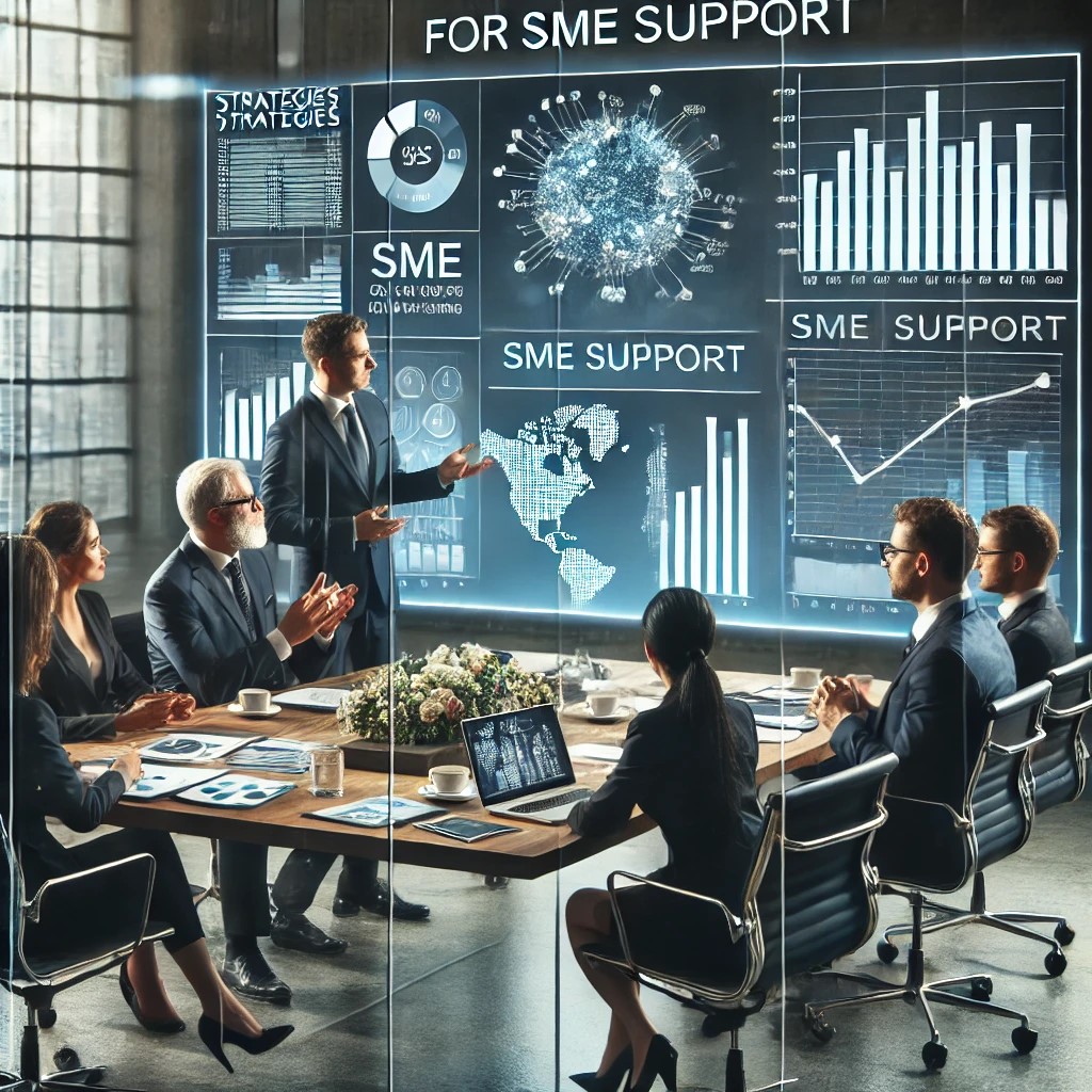 DALL·E 2024-07-27 11.06.15 - A group of financial analysts in a modern office discussing strategies for SME support. The setting includes a large screen displaying graphs and char