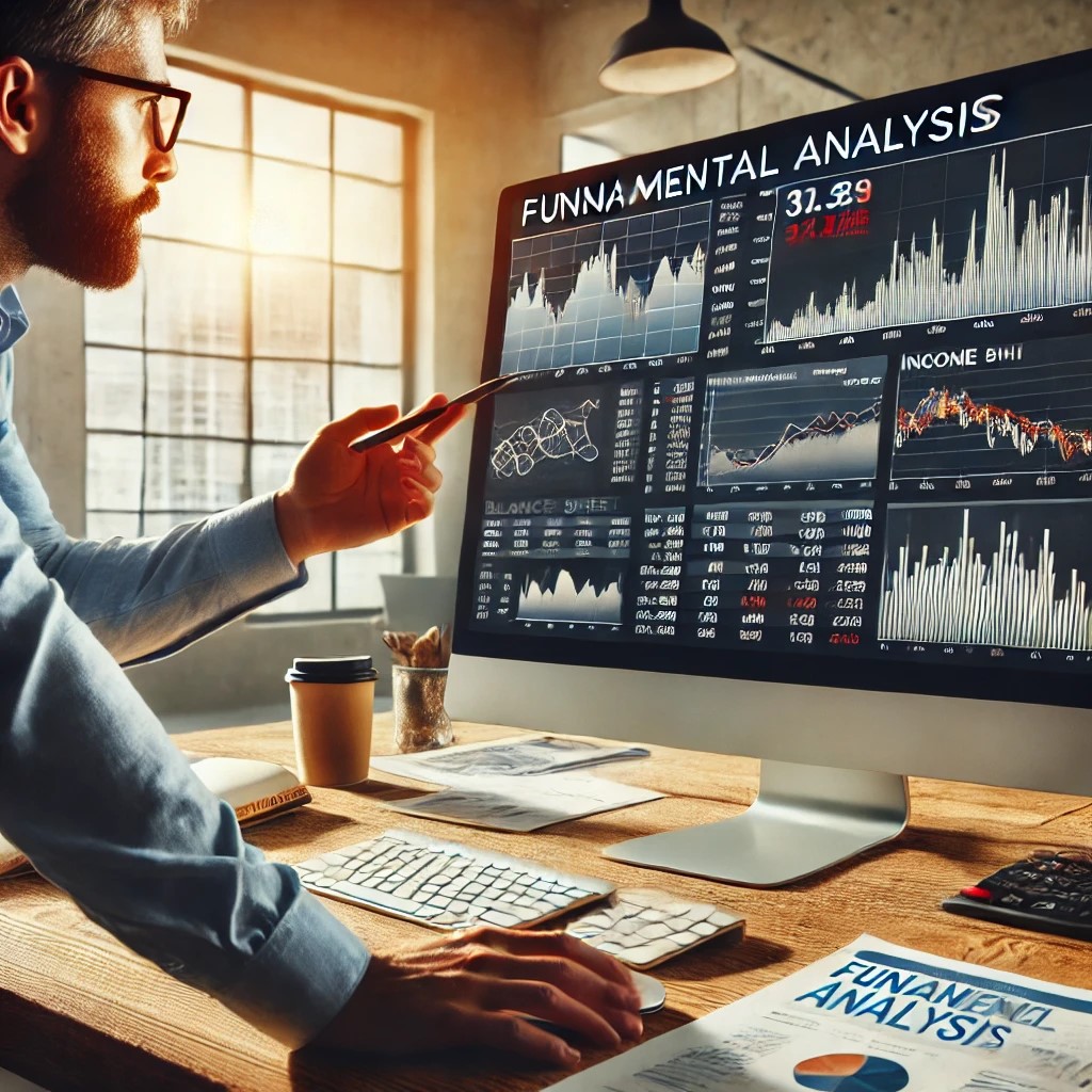 DALL·E 2024-07-27 11.09.42 - A financial analyst in a modern office reviewing fundamental analysis charts on a computer screen. The screen displays financial statements such as ba