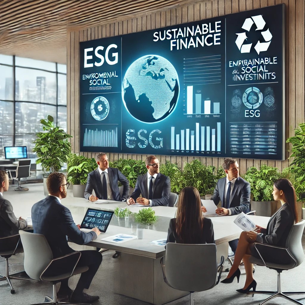 DALL·E 2024-07-27 11.12.20 - A group of financial professionals in a modern office discussing sustainable finance. The setting includes a large screen displaying ESG (Environmenta